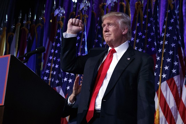 President-elect Donald Trump pumps his fist during an election night rally, Wednesday, Nov. 9, 2016, in New York. 