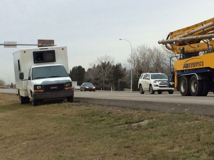 A photo radar truck sits on the side of Highway 16A in Spruce Grove.