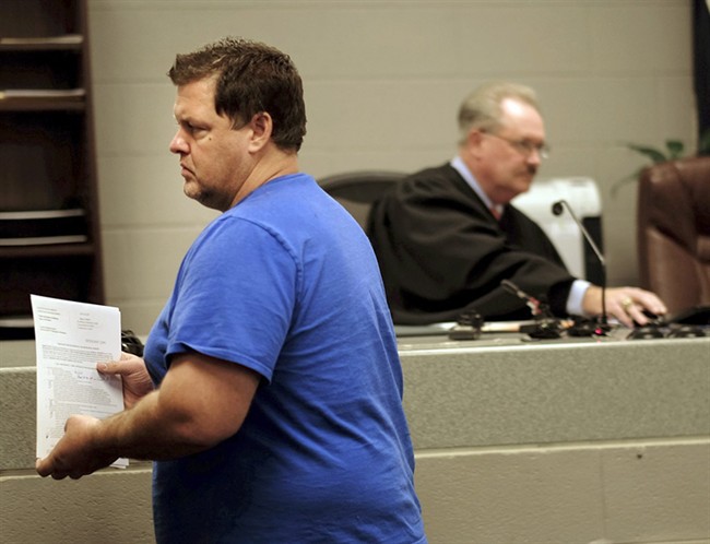 Todd Kohlhepp appears in a Spartanburg County magistrate courtroom, Friday, Nov. 4, 2016, in Spartanburg, S.C.. Kohlhepp, a 45-year-old registered sex offender with a previous kidnapping conviction, appeared at a bond hearing Friday on a kidnapping charge in connection to a woman being found chained inside a storage container on a property in Woodruff, S.C. More charges will be filed later, the prosecutor told the court.