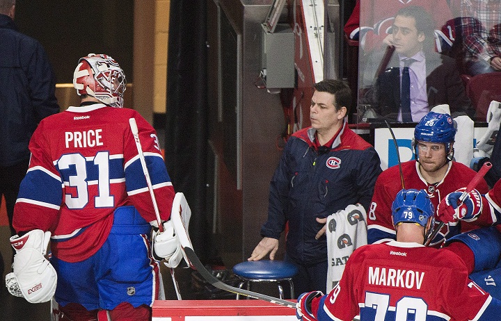 Montreal Canadiens goaltender Carey Price looks back towards the bench after being pulled from the game during second period NHL hockey action against the San Jose Sharks in Montreal, Friday, December 16, 2016.