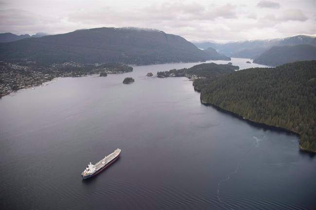 A tanker is anchored in Burrard Inlet just outside of Burnaby, B.C., on Friday, Nov. 25, 2016.