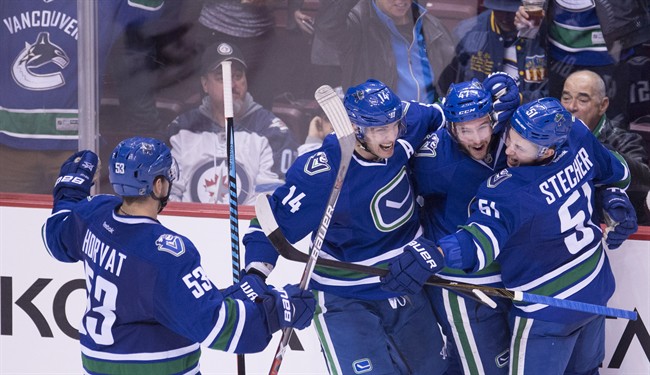 Vancouver Canucks left wing Sven Baertschi (47) celebrates his goal with his teammates during third period NHL action against the Winnipeg Jets in Vancouver, B.C. Tuesday, Dec. 20, 2016. 