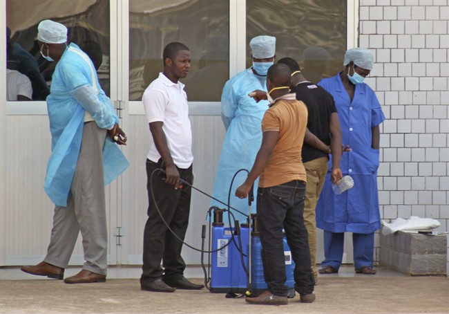 Medical personnel at the emergency entrance of a hospital wait to receive suspected Ebola virus patients in Conakry, Guinea in this March 29, 2014 file photo.