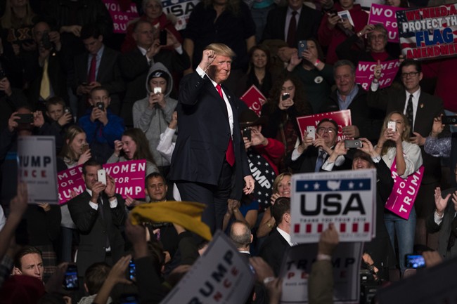 President-elect Donald Trump arrives for a rally in Hershey, Pa., Thursday, Dec. 15, 2016.