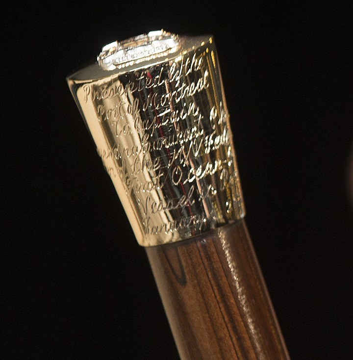In this file photo the Gold-Headed Cane is shown. The cane is awarded to the captain of the first vessel to enter the Port of Montreal without a stopover. Sunday, Jan. 1, 2017.