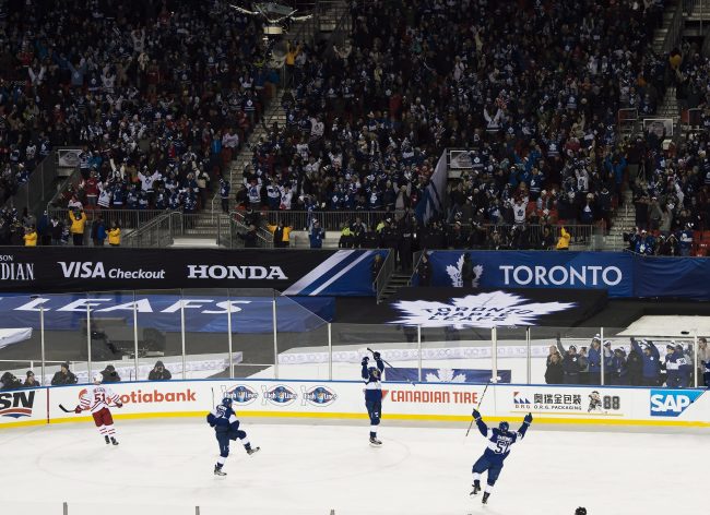 Toronto Maple Leafs centre Auston Matthews (34) celebrates his game winning overtime goal following NHL Centennial Classic hockey action against the Detroit Red Wings, in Toronto on Sunday, January 1, 2017. 