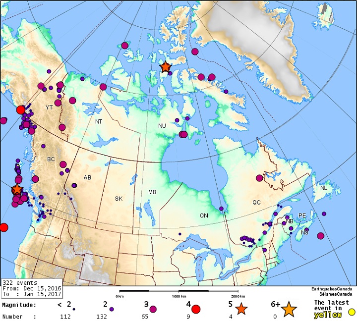 A map showing all the earthquakes to strike Canada over a month-long period – Dec. 15, 2016 to Jan. 15, 2017.