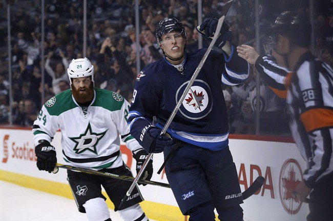 Winnipeg Jets' Patrik Laine celebrates his second goal of the night against the Dallas Stars during a game at MTS Centre on Nov. 8, 2016. 