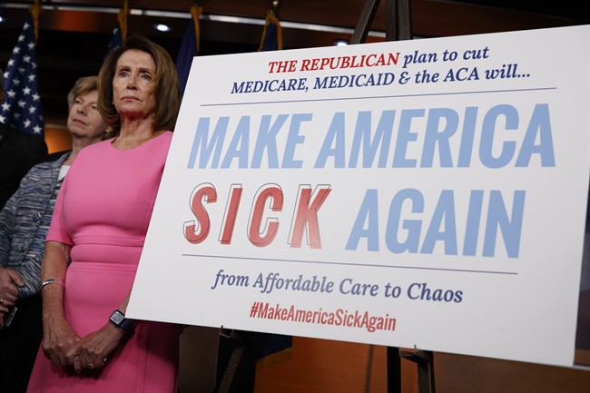 House Minority Leader Nancy Pelosi of Calif., and Sen. Tammy Baldwin, D-Wis. listens during a news conference on President Barack Obama's signature healthcare law, Wednesday, Jan. 4, 2017, on Capitol Hill in Washington. U.S. House Republicans are moving forward with plans to repeal Obamacare.