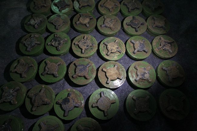 Anti personnel landmines which are believed to have been planted by the Syrian army on the border with Lebanon to prevent people from crossing in and out are seen at an agricultural field depot after being dug out by Syrian and Lebanese activists at an undisclosed location in the area of Akkar plain on the border with Syria north of Lebanon on February 29, 2012. 