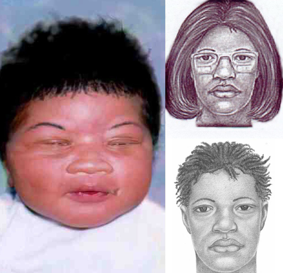 This composite image made available by the Jacksonville Sheriff’s Office in Jacksonville, Fla., shows a photo of Kamiyah Mobley, an infant baby girl who was kidnapped by a woman, seen in separate sketches first provided by police in 1998 during the initial search. On Friday, Jan. 13, 2017, Gloria Williams, of Walterboro, S.C., was charged with kidnapping the infant 18 years ago from a hospital in Florida, and interference with custody. (Jacksonville Sheriff’s Office via AP)