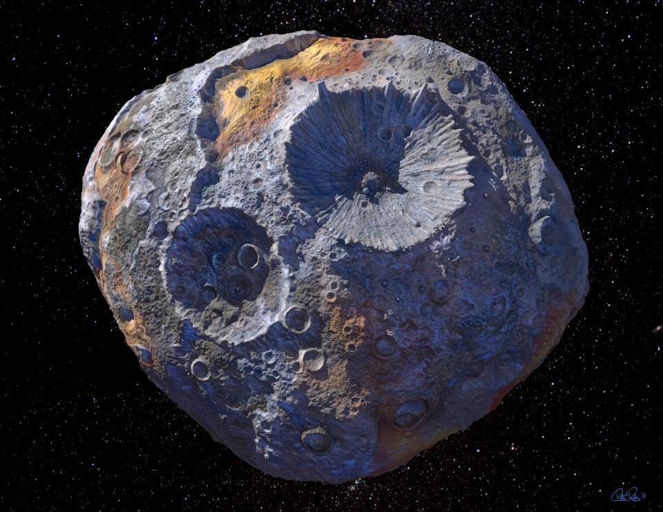 An artist’s rendering of 16 Psyche, an asteroid orbiting our sun between Mars and Jupiter. The actual body may look quite different.
