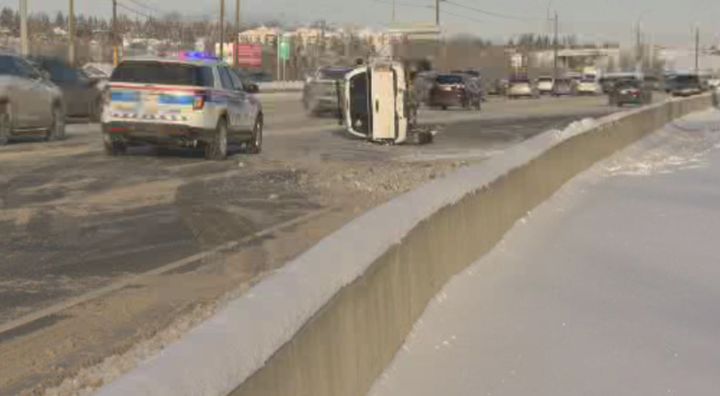 One of many rollovers on Calgary streets Jan. 2, 2016. This vehicle flipped over on Macleod Trail S.