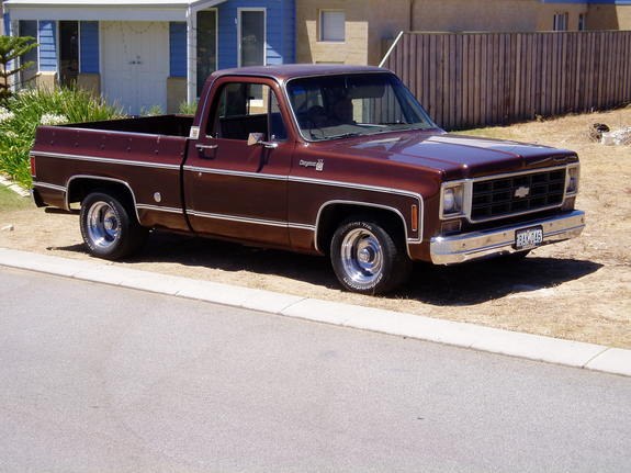 A stock photo of a maroon 1977 Chevy Silverado.