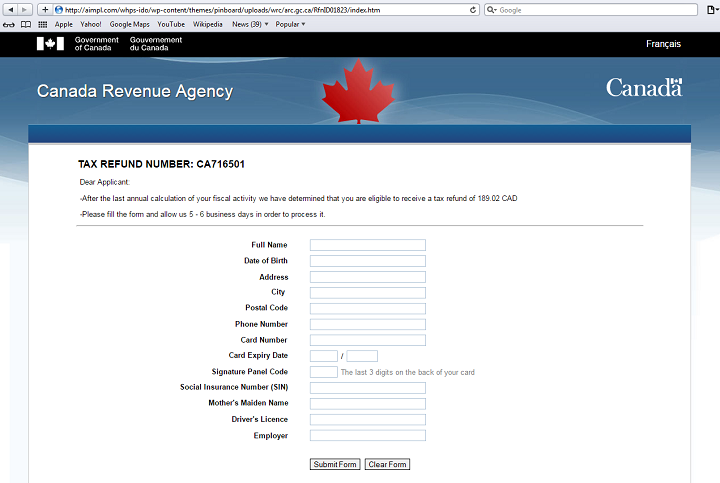 A screenshot of the webpage mimicking the CRA’s website.