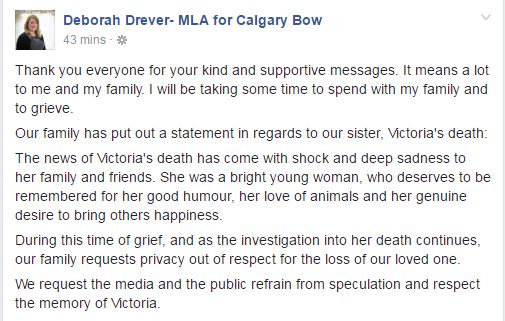 MLA Deborah Drever thanks public for support after sister’s body found east of Calgary - image