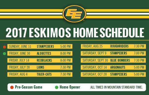 2017 Edmonton Eskimos schedule features Friday, Saturday home games - image