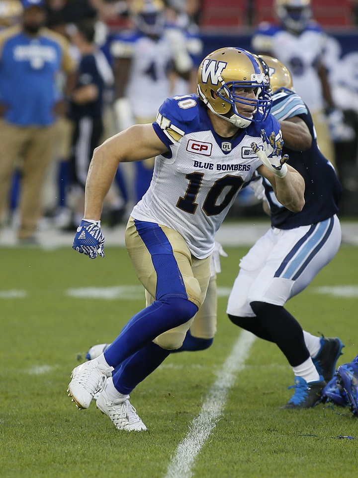 Sam Hurl of the Winnipeg Blue Bombers heads downfield on special teams during a CFL game against the Toronto Argonauts at BMO field on Aug. 12, 2016 in Toronto.