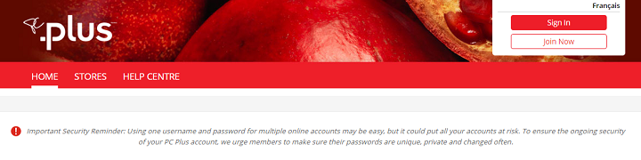 A warning message seen on the PC Plus website on Thursday.