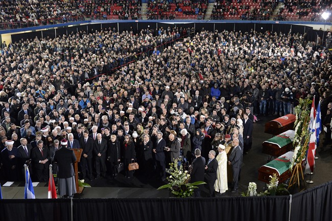 An overall view of the funeral for Abdelkrim Hassane, Khaled Belkacemi and Aboubaker Thabti, three of the six victims of the Quebec City mosque shooting, at the Maurice Richard Arena in Montreal, Thursday, February 2, 2017.