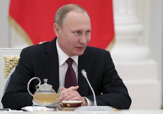 Russian President Vladimir Putin at a meeting with Russian seamen in Moscow, Russia, Thursday, Feb. 23, 2017. 