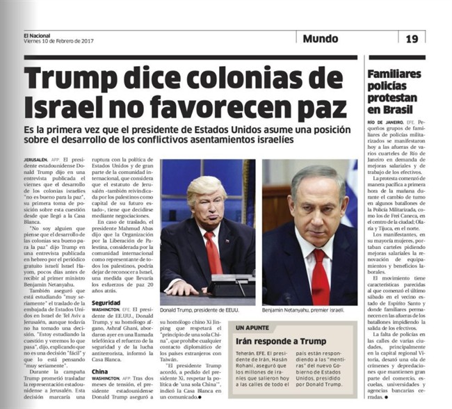 This screen grab of the Friday, Feb. 10, 2017 digitized version of Dominican Republic's El Nacional print edition shows comedian Alec Baldwin doing his impression of President Donald Trump on "Saturday Night Live," next to a photo of Israel's Prime Minister Benjamin Netanyahu on the paper's international page with the Spanish headline: "Trump says settlements in Israel don't favor peace." The Spanish caption under Baldwin's photo reads: "Donald Trump, president of U.S." .