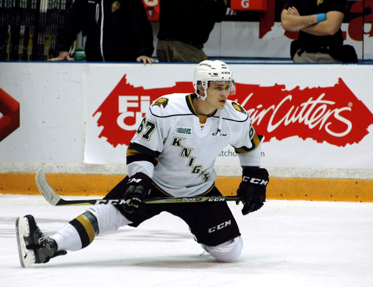 London Knights' Mitchell Stephens warms up before an OHL game in this recent image from London, Ontario. THE CANADIAN PRESS/Dhiren Mahiban.