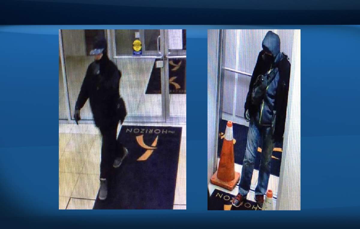 Surveillance video still of two suspects were attempting to steal an ATM from The Horizon student residence near 105 Avenue and 111 Street on March 7, 2017.