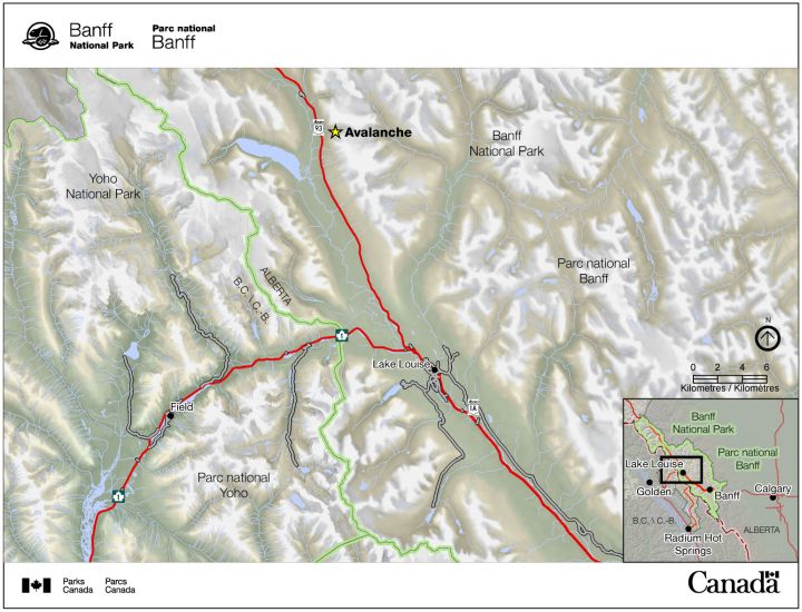 Parks Canada released a map of the area where two American snowshoers were caught in an avalanche.