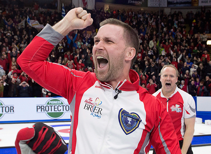 Newfoundland and Labrador skip Brad Gushue reacts after defeating Team Canada 7-6 to win the Tim Hortons Brier curling championship at Mile One Centre in St. John’s on Sunday, March 12, 2017.