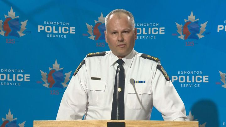 Edmonton Police Service Acting Chief Kevin Brezinski provides a statement to reporters on Thursday night after a man shot by an officer on the city\’s north side. Brezinski said the man was \”wanted\” and \”being investigated for potential threats against the Edmonton Police Service.\”