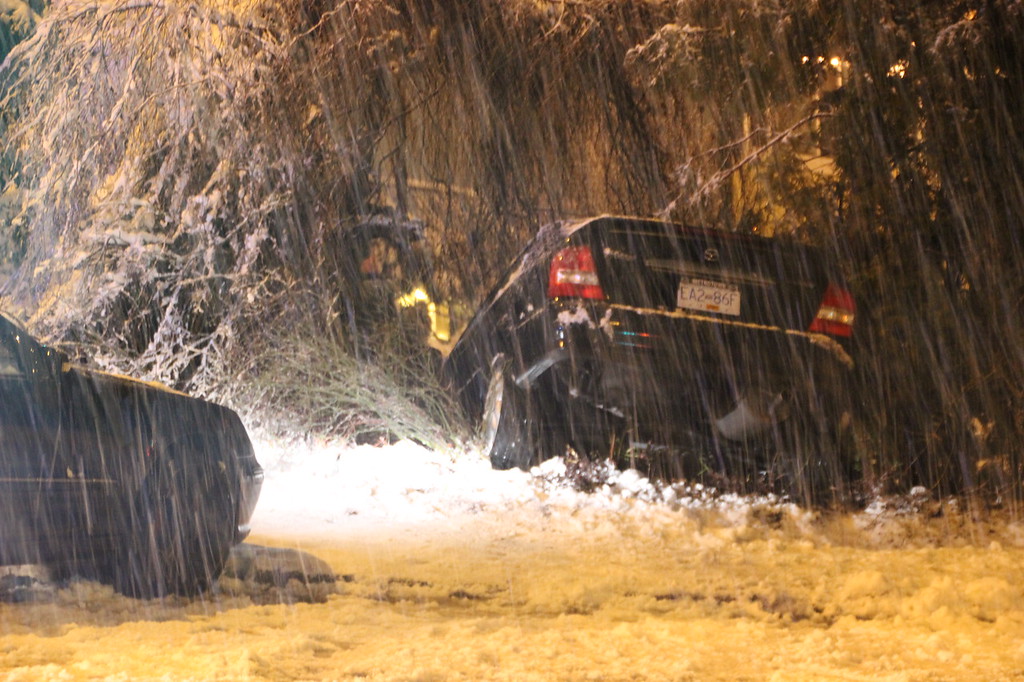 Car stuck in the ditch in New Westminster. Credit: Shane MacKichan.