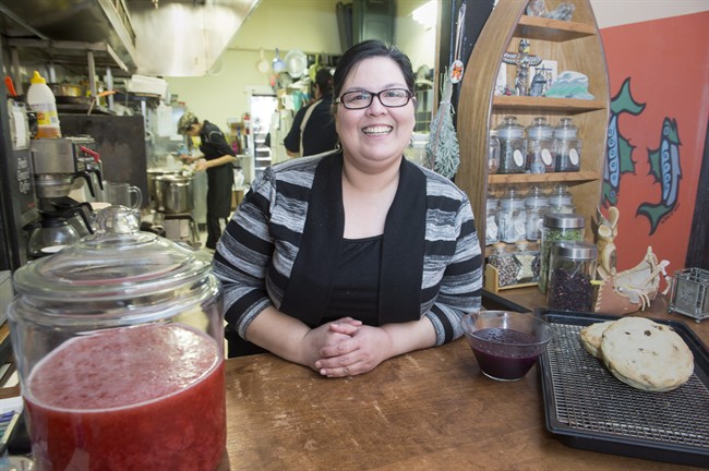 The menu at Tea-N-Bannock reflects traditional dishes of different tribes and features baked or fried bannock. Most of the staff is from different First Nations groups - Cree, Ojibwa and Mohawk - and they collaborate on menu items. Tina Ottereyes, who manages Tea-N-Bannock, poses for a portrait at the restaurant, in Toronto on Friday, March 24, 2017.