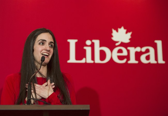Emmanuella Lambropoulos reacts after winning the Liberal party nomination for the riding of Saint-Laurent in Montreal, Wednesday, March 8, 2017.