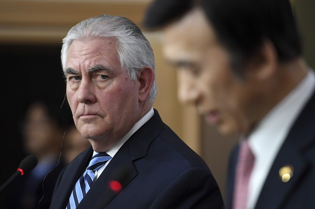 U.S. Secretary of State Rex Tillerson, left, looks on South Korean Foreign Minister Yun Byung-se during a press conference in Seoul Friday, March 17, 2017.