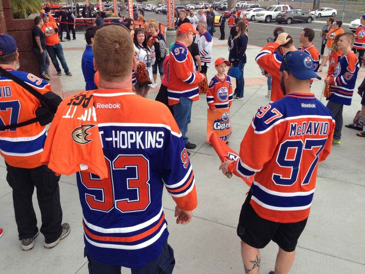 Oilers fans bring #OrangeCrush to Anaheim on Wednesday, April 26, 2017.