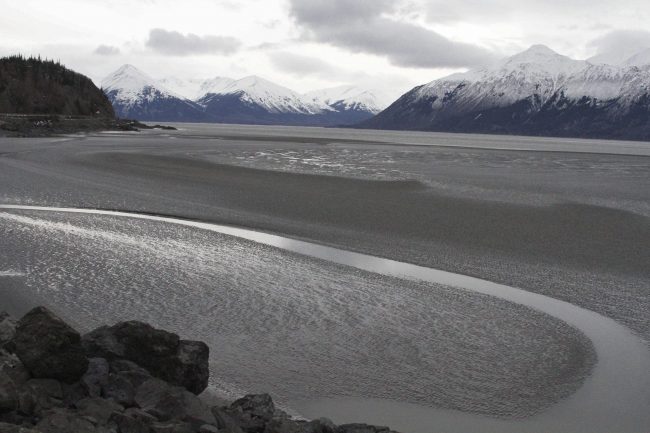 A ribbon of water cuts through the mud flats of Cook Inlet, just off the shore of Anchorage, Alaska, March 7, 2016.


