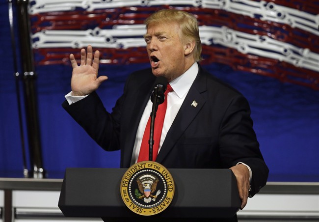 President Donald Trump speaks at Snap-On Tools, Tuesday, April 18, 2017, in Kenosha, Wis.