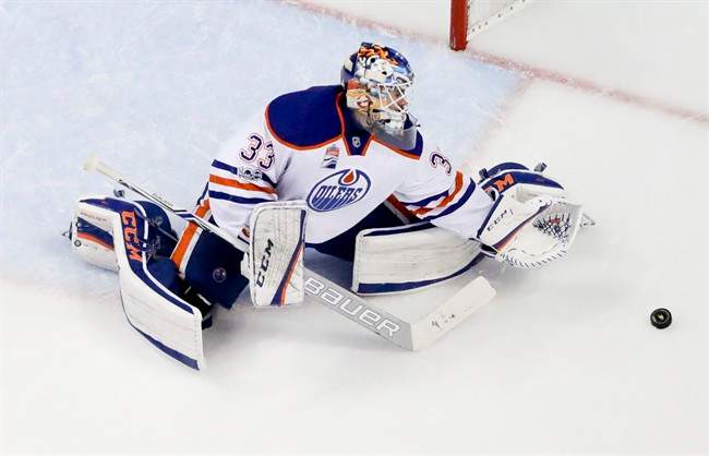 Edmonton Oilers goalie Cam Talbot blocks a shot against the Anaheim Ducks during the second period in Game 2 of a second-round NHL hockey Stanley Cup playoff series in Anaheim, Calif., Friday, April 28, 2017. The Oilers won 5-3. 
