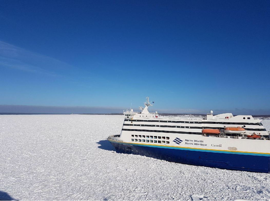 The MV Highlanders was stuck in thick ice off the coast of Cape Breton on Tuesday.