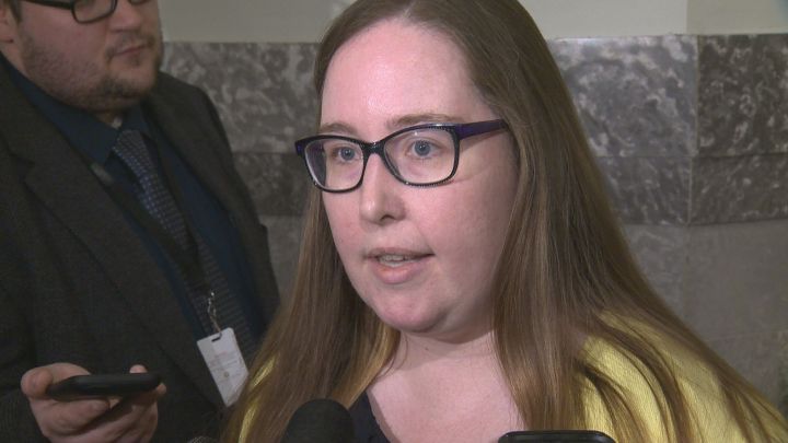 Alberta Labour Minister Christina Gray speaks to reporters on April 18, 2017.