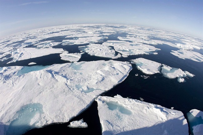 This July 10, 2008 file photo made with a fisheye lens shows ice floes in Baffin Bay above the Arctic Circle, seen from the Canadian Coast Guard icebreaker Louis S. St-Laurent.