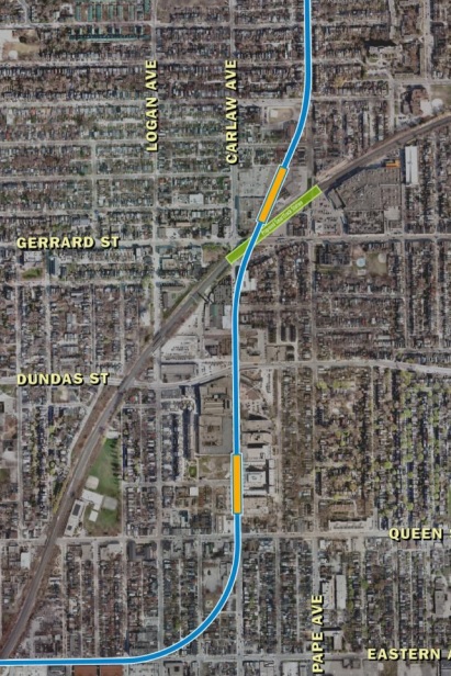 The realigned Downtown Relief Line route will now go along Carlaw Avenue between Gerrard Street and Eastern Avenue.
