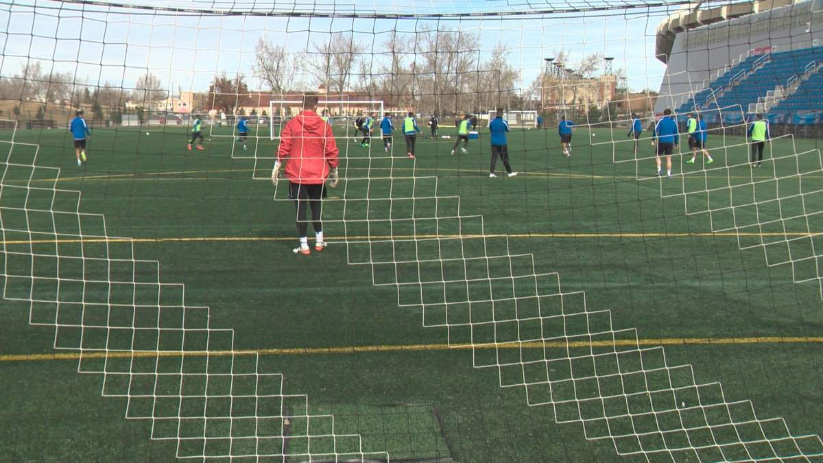 FC Edmonton players practice at Clarke Field on Wednesday, April 5 in preparation for their Saturday evening home opener against Jacksonville Armada FC. 