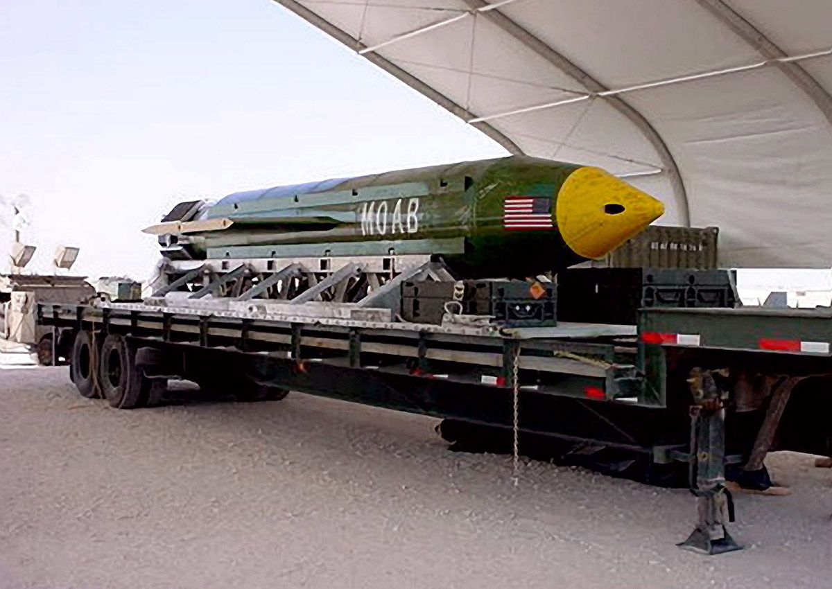 Handout undated file photo of The GBU-43/B Massive Ordnance Air Blast bomb sits at an air base in Southwest Asia waiting to be used should it become necessary. 