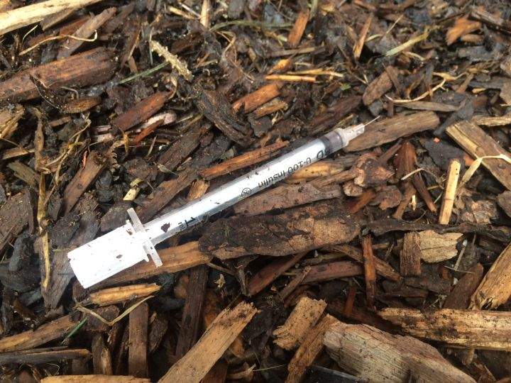Syringes on the ground at a downtown Edmonton park Thursday, April 27, 2017. 