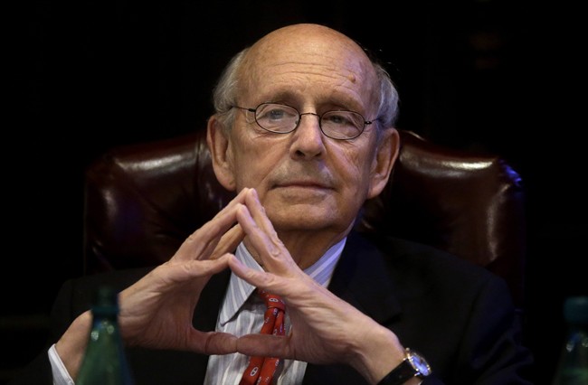 In this Feb. 13, 2017 file photo, Supreme Court Justice Stephen Breyer listens in Boston.