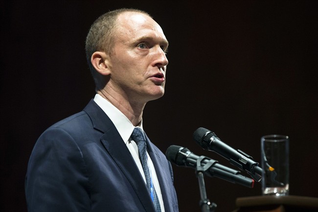 In this Friday, July 8, 2016, file photo, Carter Page, then adviser to U.S. Republican presidential candidate Donald Trump, speaks at the graduation ceremony for the New Economic School in Moscow, Russia.