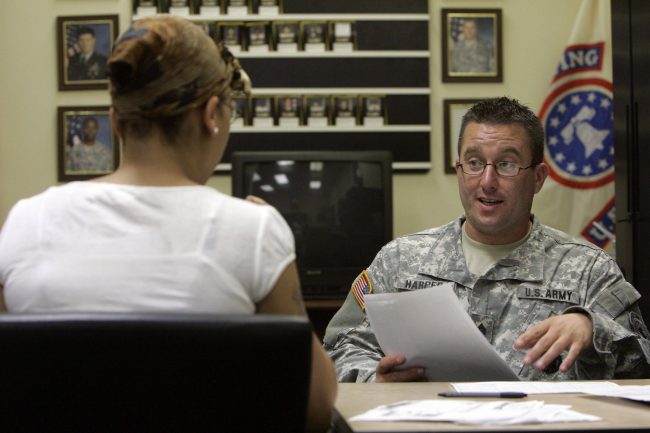 A prospective soldier meets with a U.S. Army recruiters at the U.S. Army Recruiting Station in Upper Darby, Pa., Aug. 8, 2007.