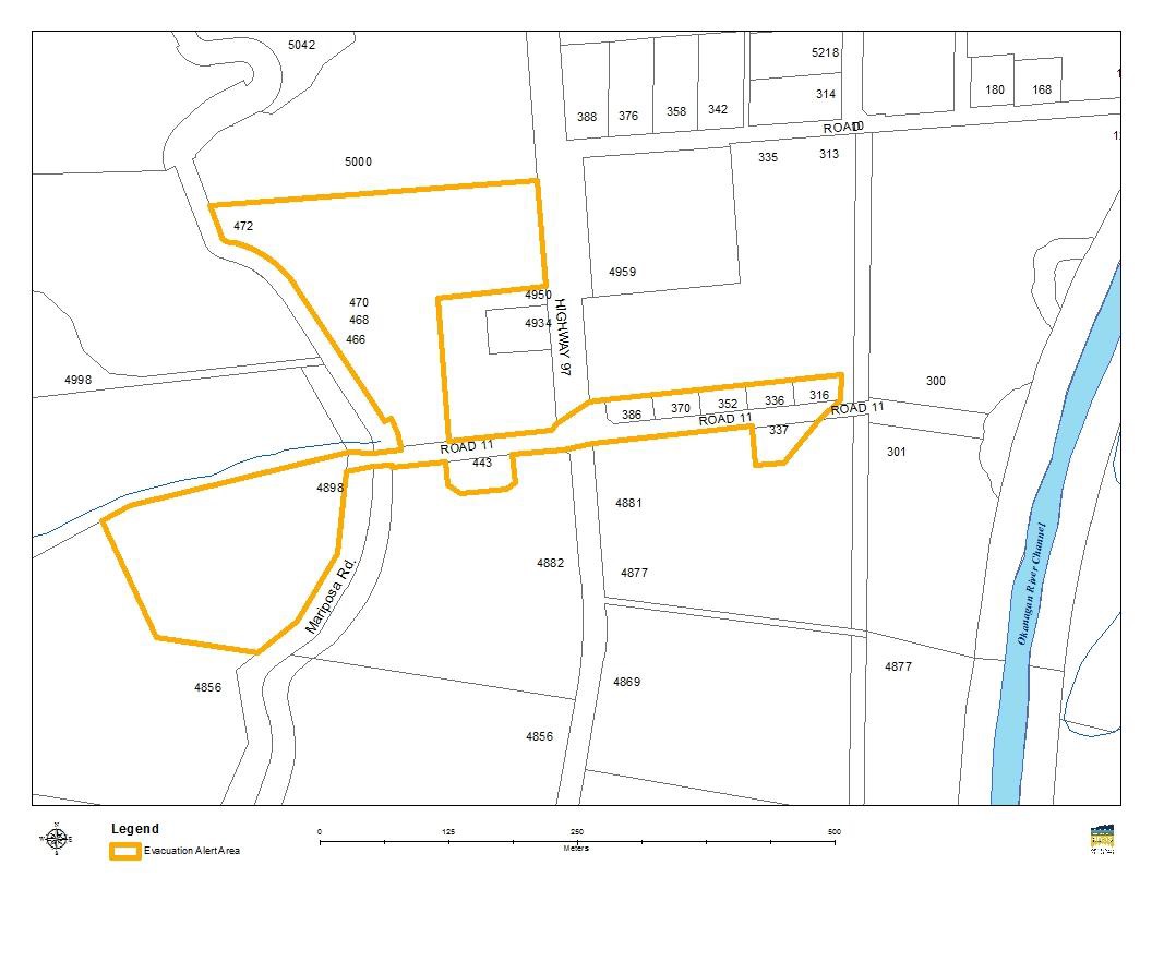 A map of the area south of Oliver covered by an evacuation alert. 